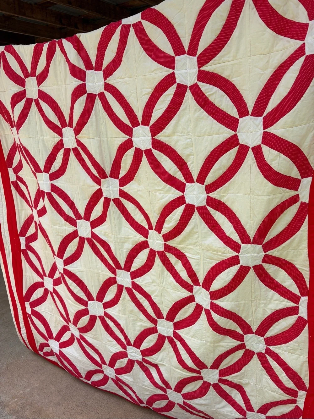 Vintage Double Wedding Ring Quilt - Red & Cream Handmade Quilt - 86 x 71